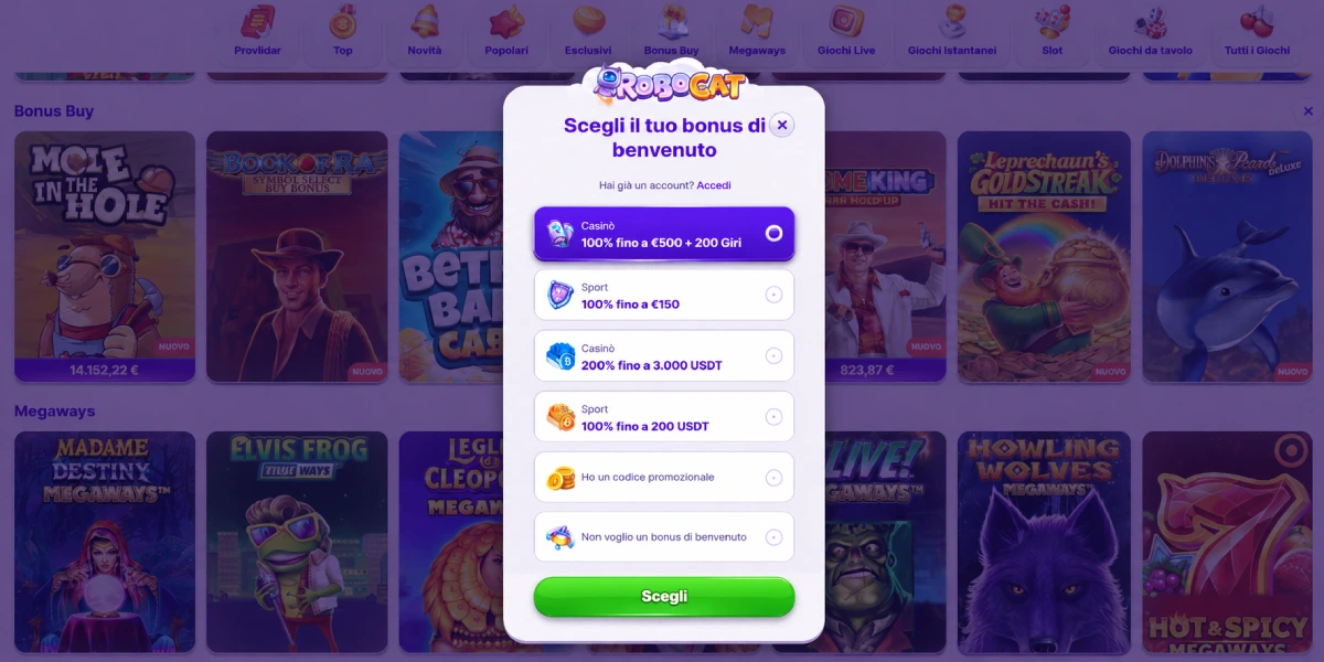 Modulo di registrazione con e-mail e password su Robocat Casino